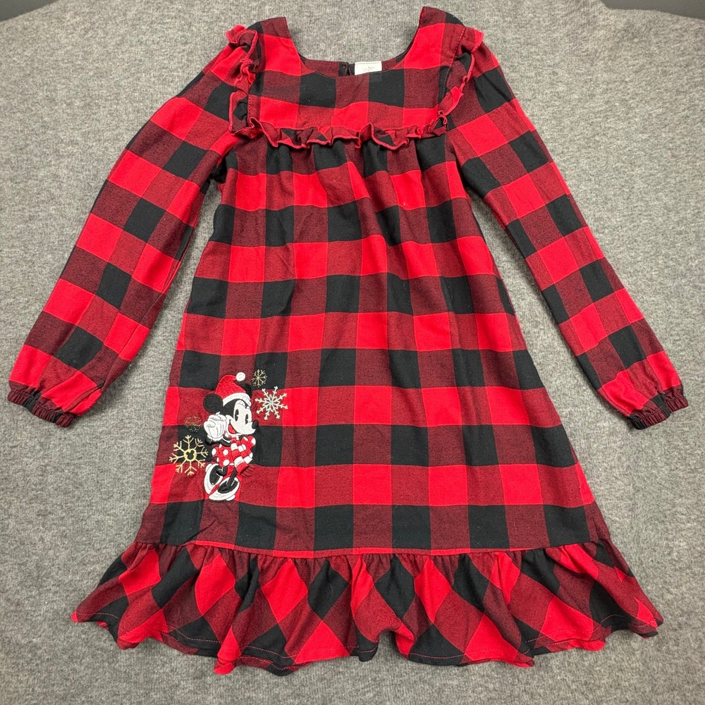 Disney Minnie Mouse Red Black Buffalo Plaid Long Sleeve Nightgown Girls Sz. 7/8